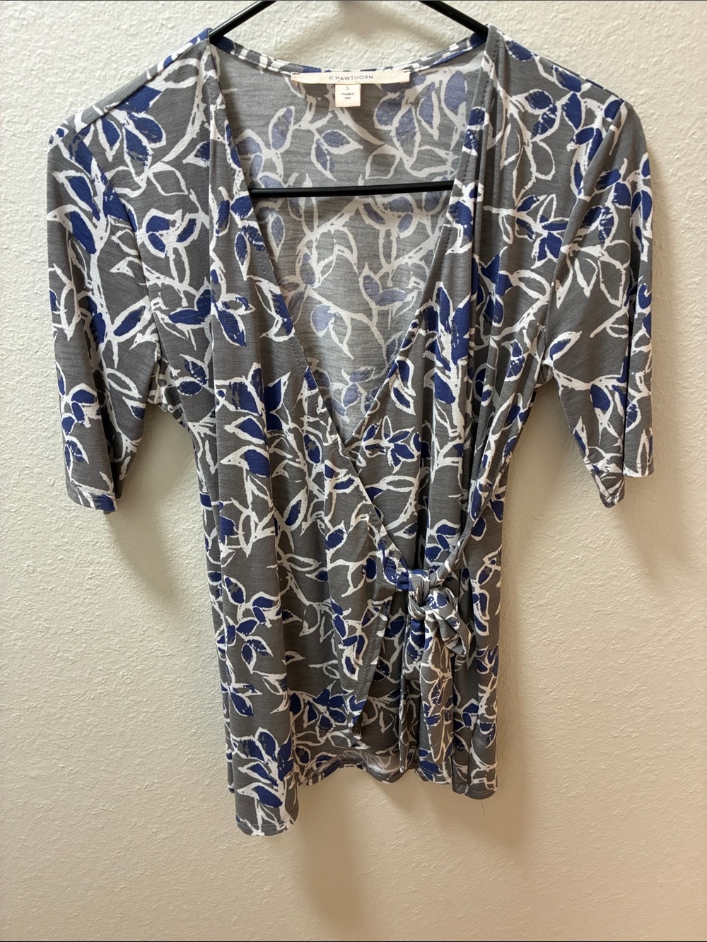 41 Hawthorn Gray Floral Wrap Top with Blue and White Accents